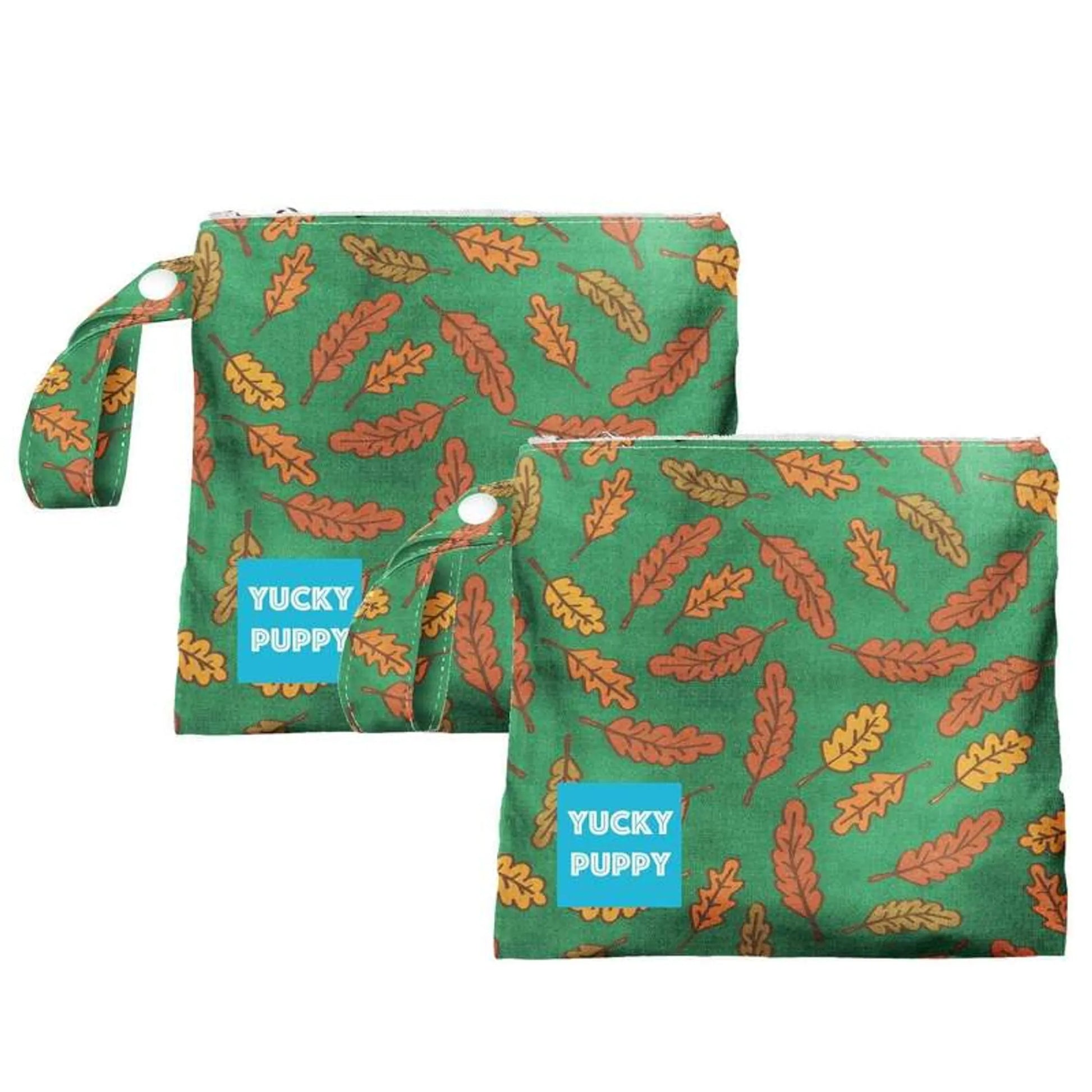 Two green bags with leaf pattern and 'Yucky Puppy' label on a white background