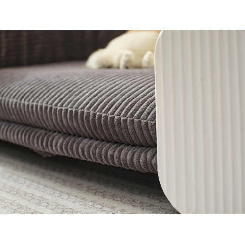 close up fabric of  scandanavian style gray dog bed 