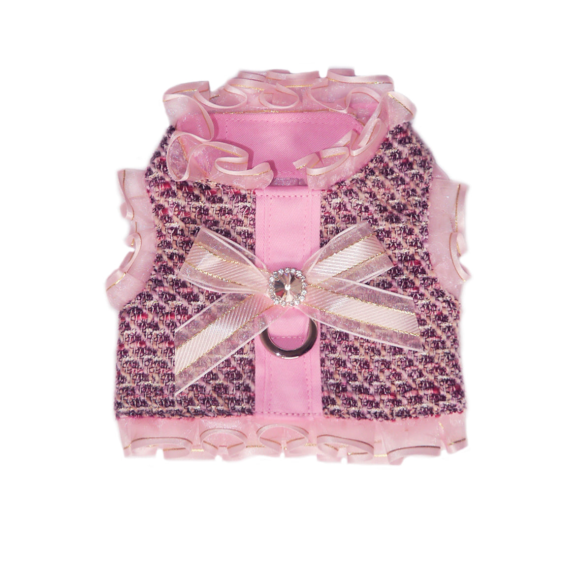 pink dog harness with bow and ruffle collar