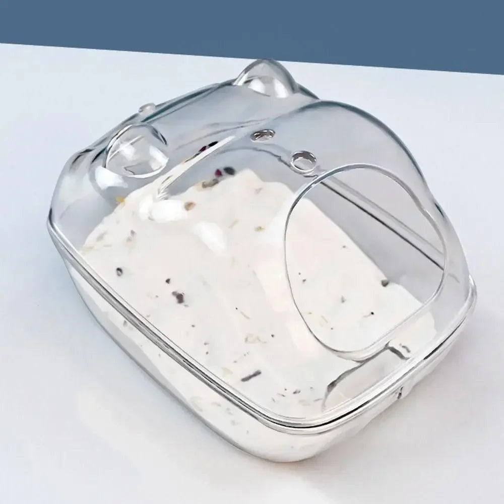 Clear small pet container with sand in it