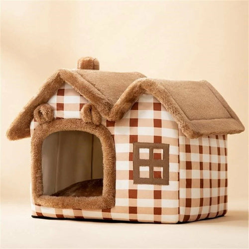 Brown checkered Removable Roof Plush Pet House