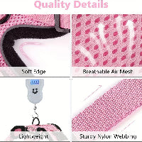 Product quality details including soft edge, breathable air mesh, lightweight, and sturdy nylon webbing.