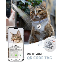 Cat wearing a QR code tag with smartphone app interface and text 'ANTI-LOST QR CODE TAG'.