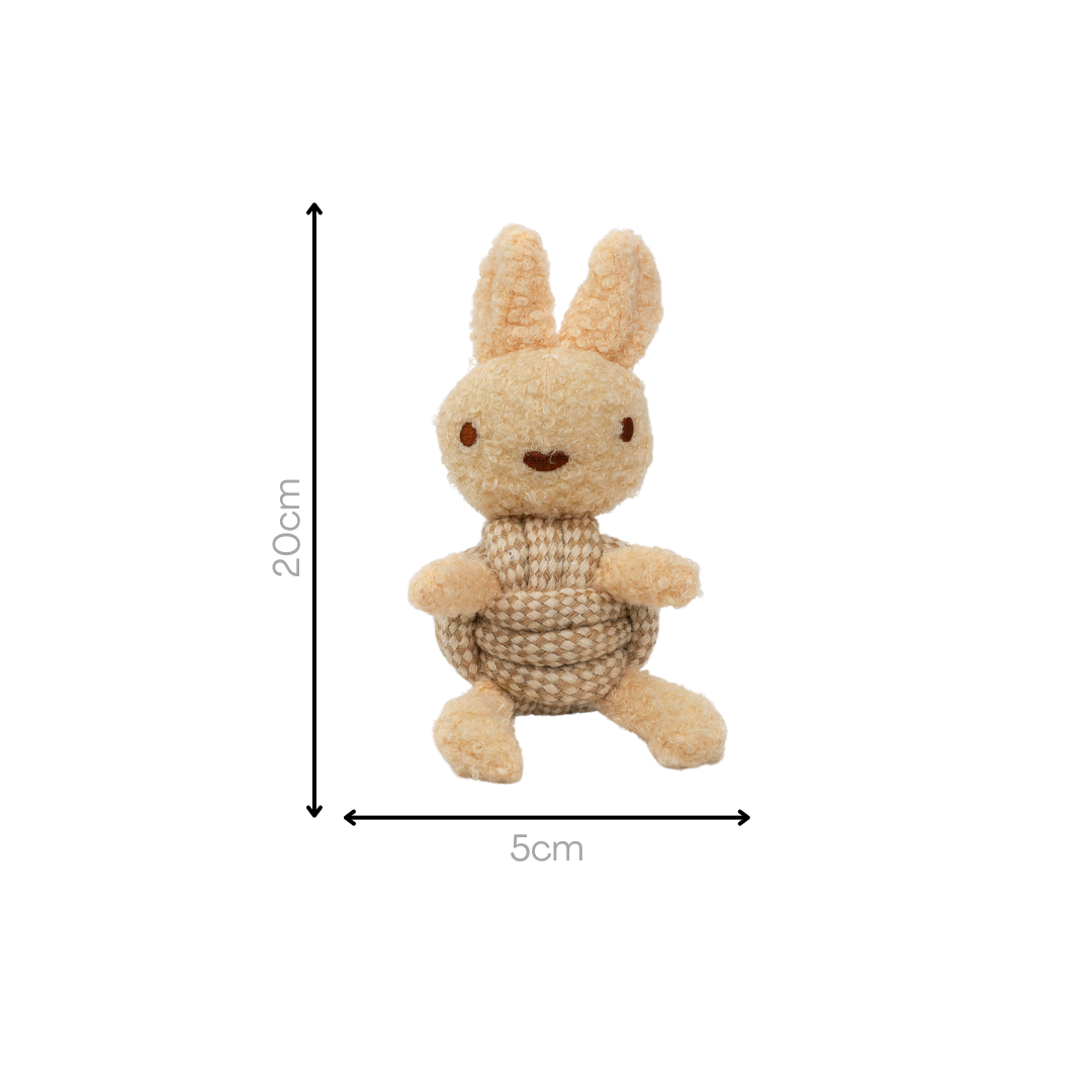 Beige knitted bunny toy with dimensions on a white background