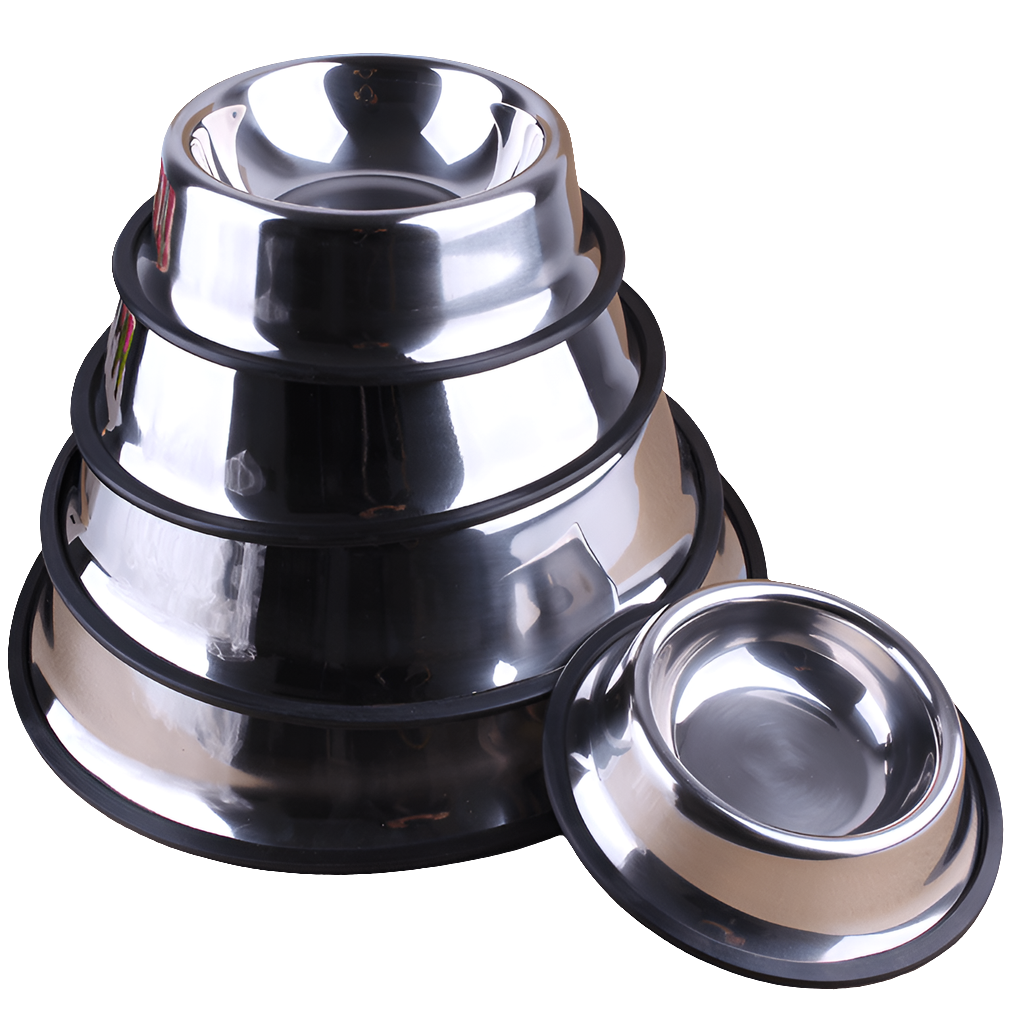 Stack of different size stainless steel pet bowls on a white background
