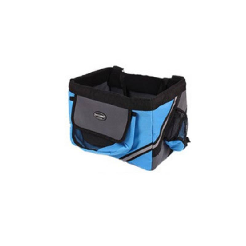 Blue and black pet bicycle carrier on a white background