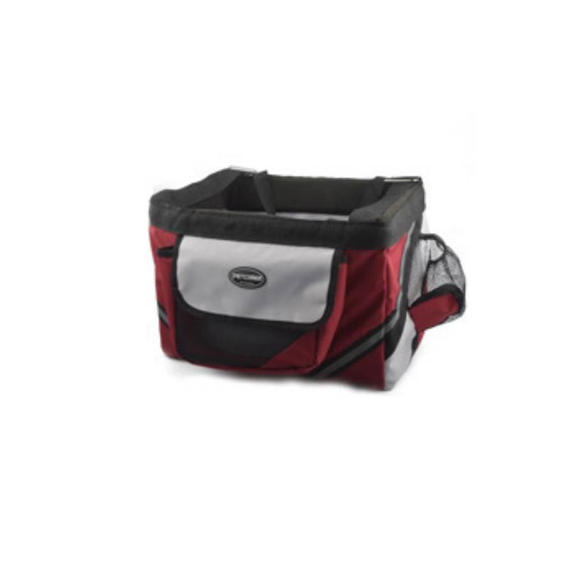 Red, black, and gray bicycle pet carrier on a white background