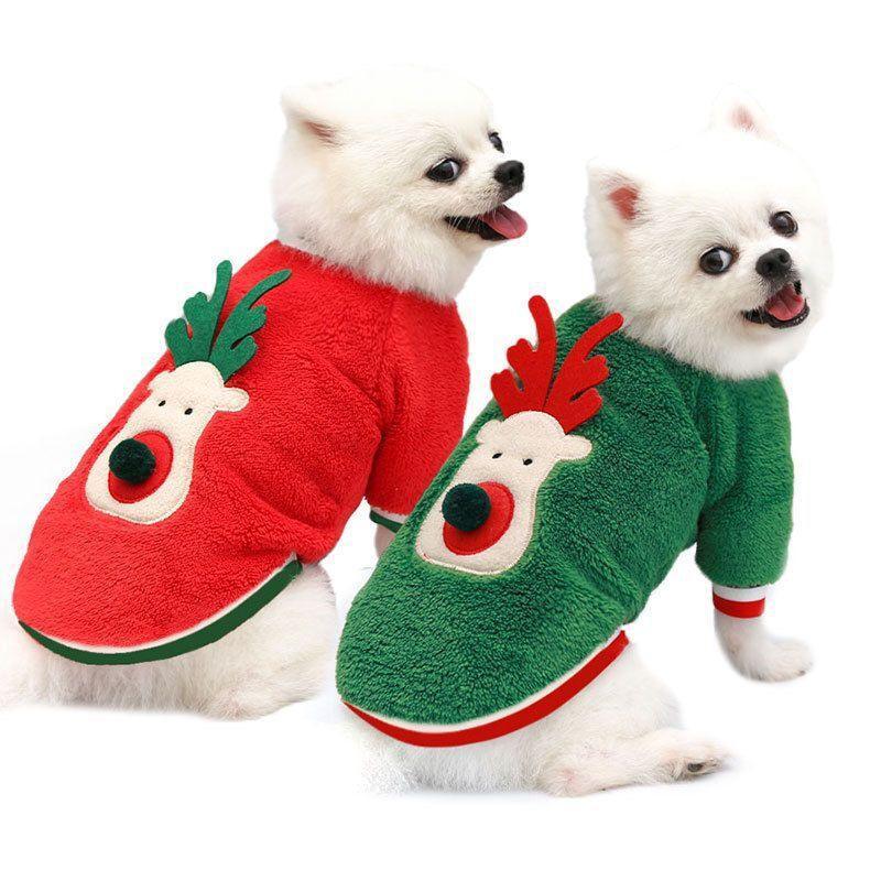 2 white dogs wearing Cozy reindeer Christmas Pet Sweater With Velvet Print