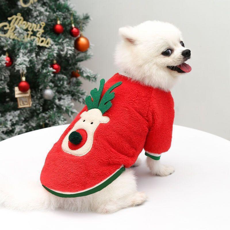 white dog wearing Cozy Christmas Pet reindeer Sweater With Velvet Print