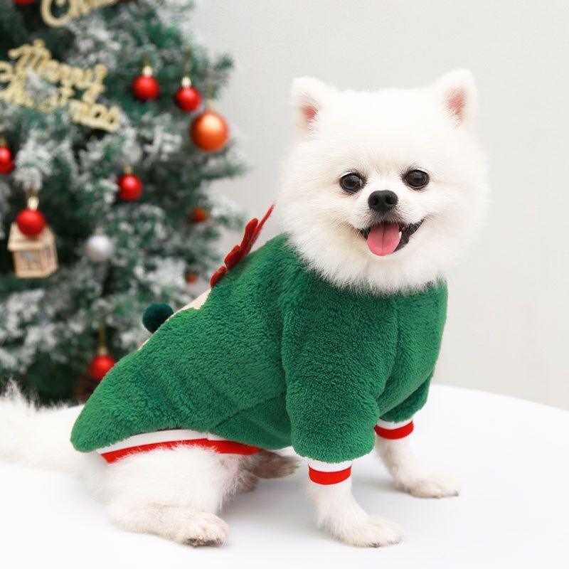 white dog wearing green Cozy Christmas Pet Sweater With Velvet Print